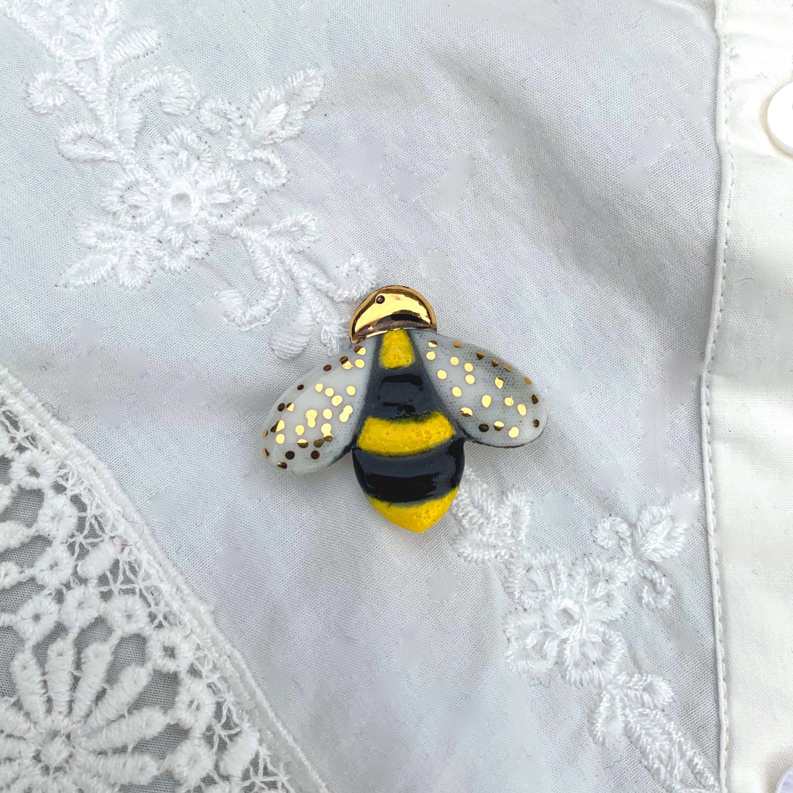 Porcelain Bee Brooch Pin with 24 Karat gold lustre