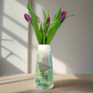 Bird and Botanical Vase/ Green and Lilac.