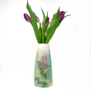 Bird and Botanical Vase/ Green and Lilac.