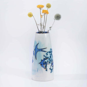 Swallows Porcelain Vase, Blue