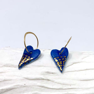 Blue Heart Gold Hoop Earrings with 24k gold lustre details