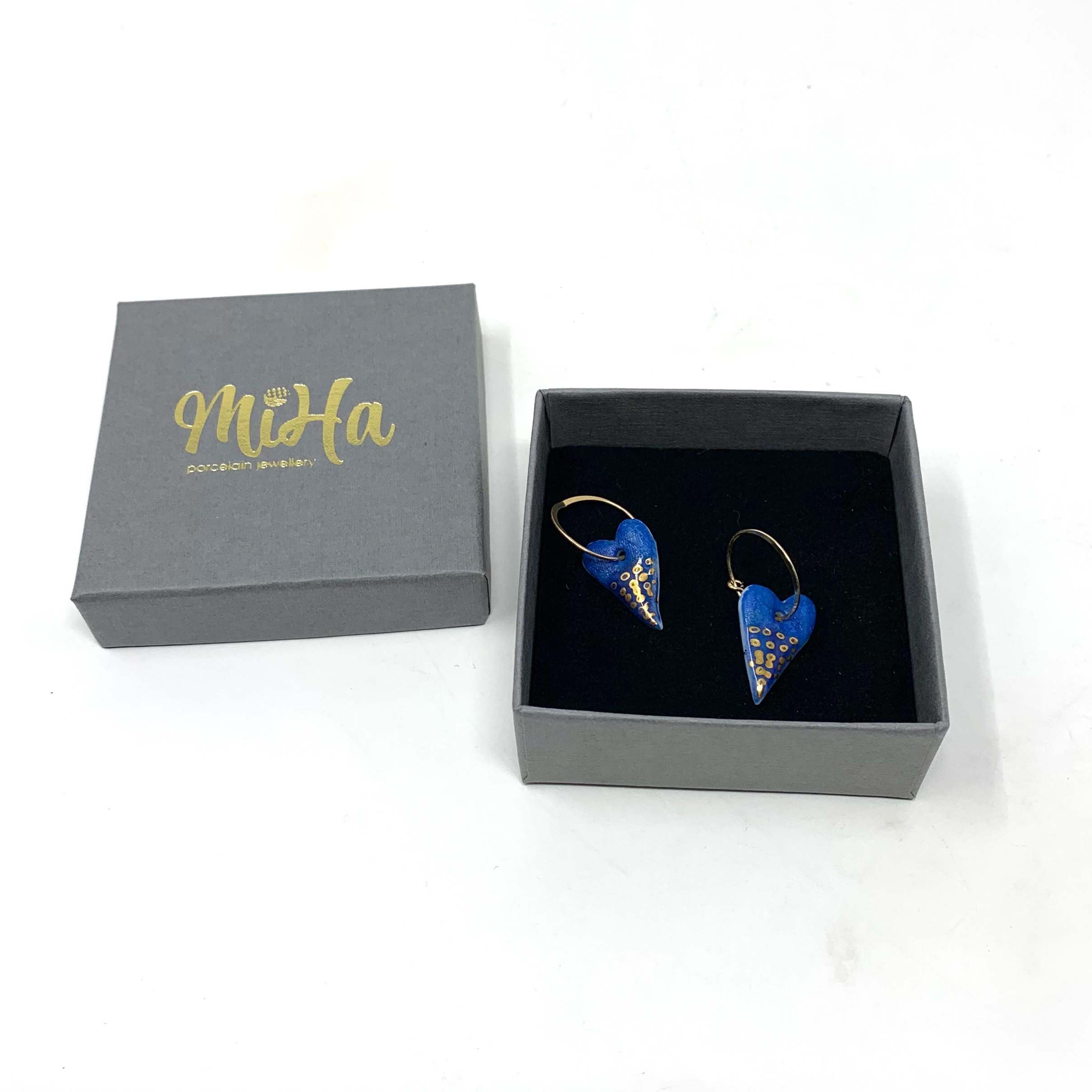 Blue Heart Gold Hoop Earrings with 24k gold lustre details